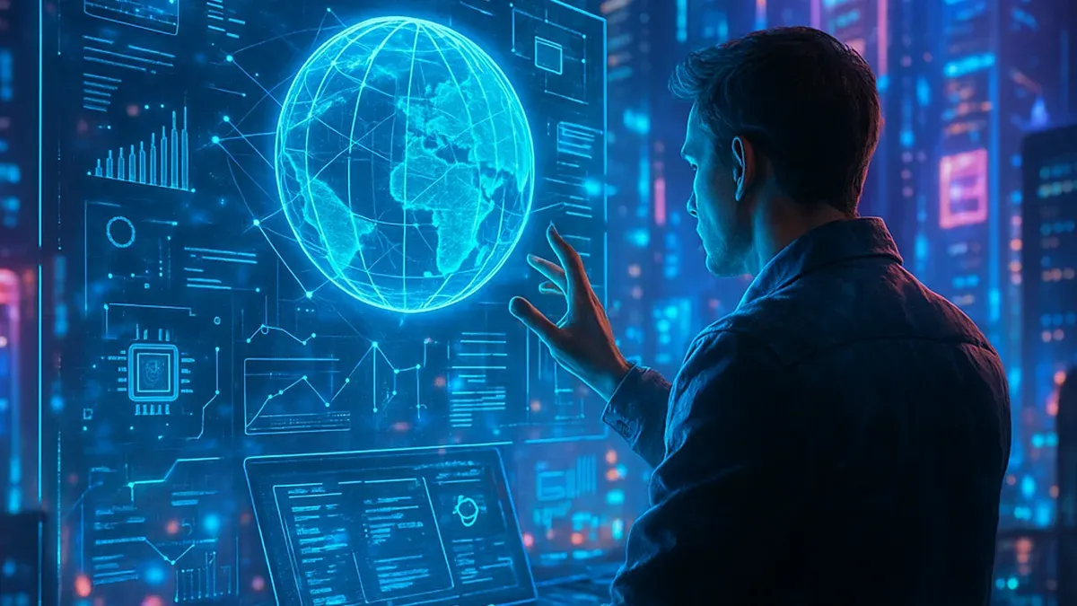 Futuristic high-tech landscape illustrating digital innovation and computer science with holograms and neon architecture