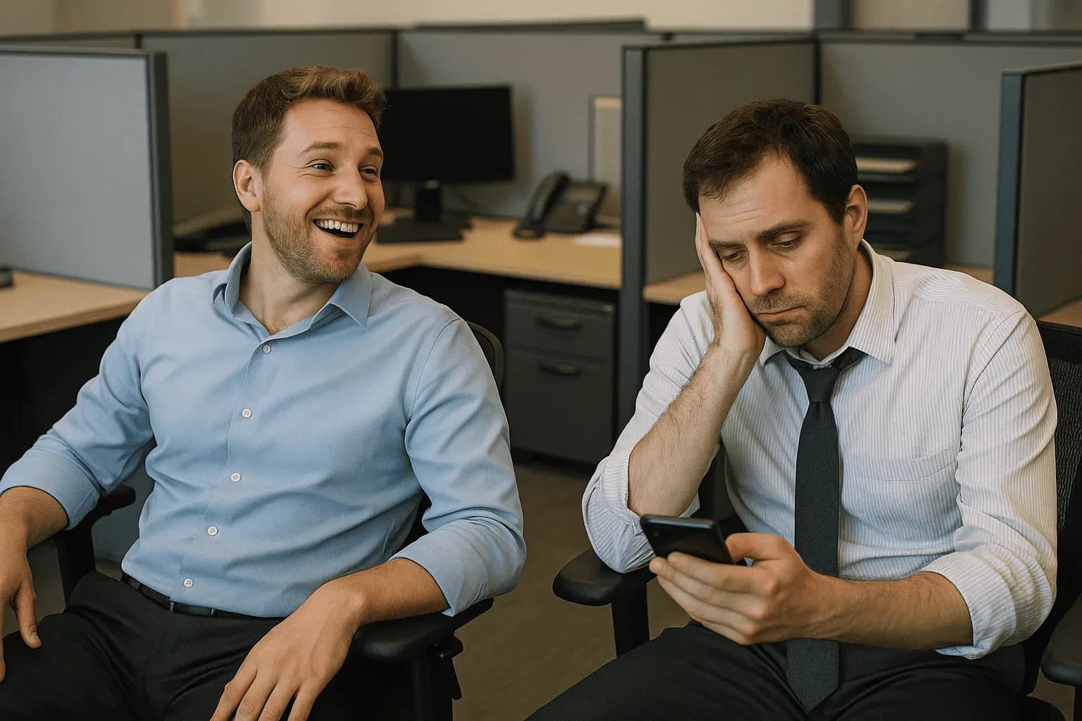 Two colleagues in an open-plan office: one relaxed and recharged, the other exhausted and glued to a smartphone — illustrating two post-vacation disconnect profiles
