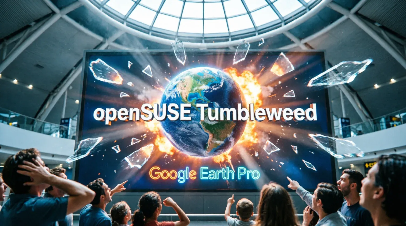 Screenshot of Google Earth Pro crashing at startup on openSUSE Tumbleweed