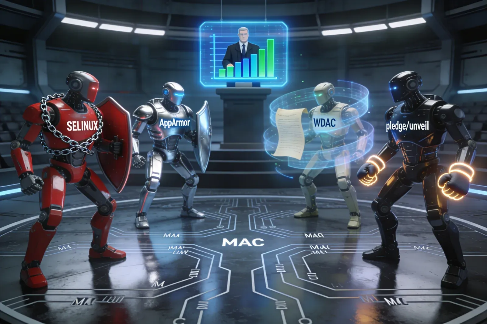 3D illustration of MAC security battle: SELinux, AppArmor, WDAC, pledge and unveil