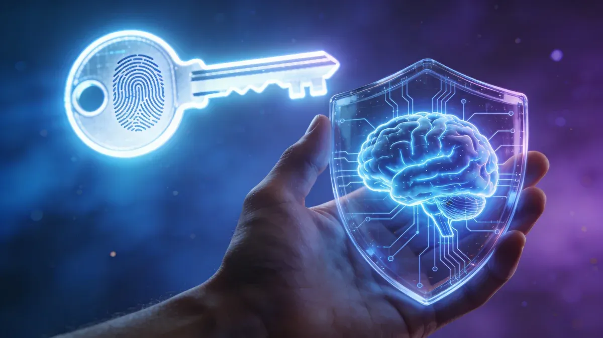 Hand holding a glowing digital shield with a circuit-patterned brain, beside a luminous fingerprint key — Cybersecurity & Digital Privacy 2025