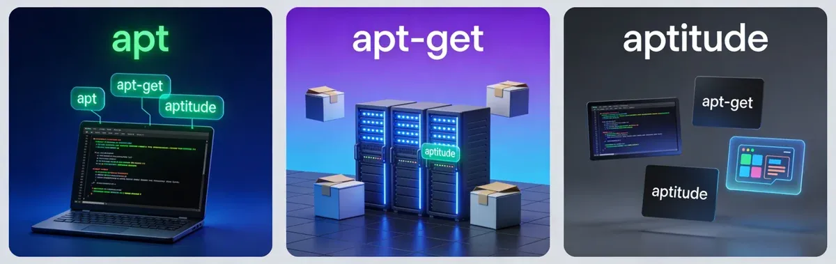 Triptych illustrating apt, apt-get and aptitude: terminal on a laptop, package servers and command interfaces — Debian APT Tutorial 2026