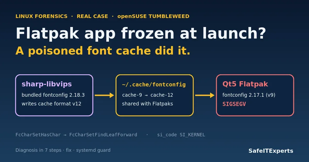 Diagram: a cache-9 link to a fontconfig v12 cache crashes a Qt5 Flatpak application
