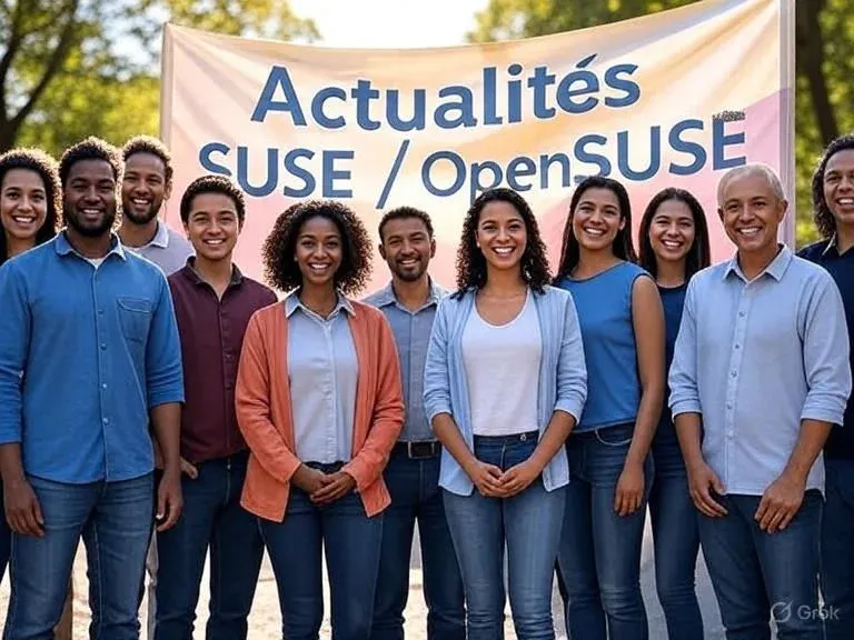 Group of people gathered outdoors in front of a banner reading 'SUSE / openSUSE News'