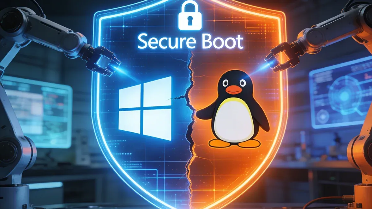 3D illustration of Secure Boot shield repairing Windows and Linux dual boot