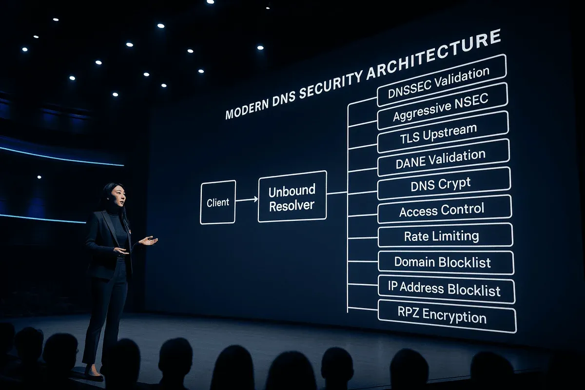 Conference slide titled 'Modern DNS Security Architecture' — diagram of a Client connecting to an Unbound Resolver with DNSSEC validation, TLS upstream, access control and blocklists