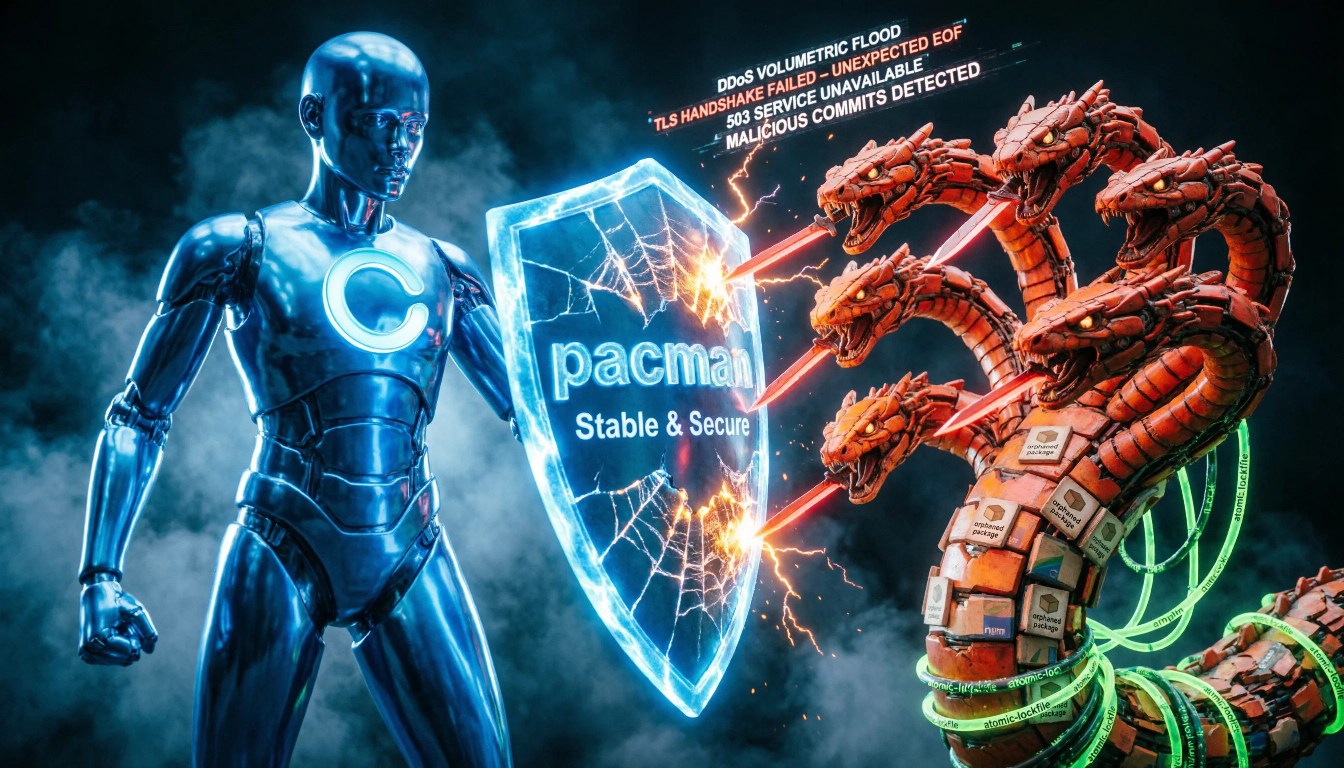Cyberpunk allegory of the attack on Arch Linux's AUR: a blue defender's pacman shield absorbs a red hydra of orphan atomic-lockfile packages
