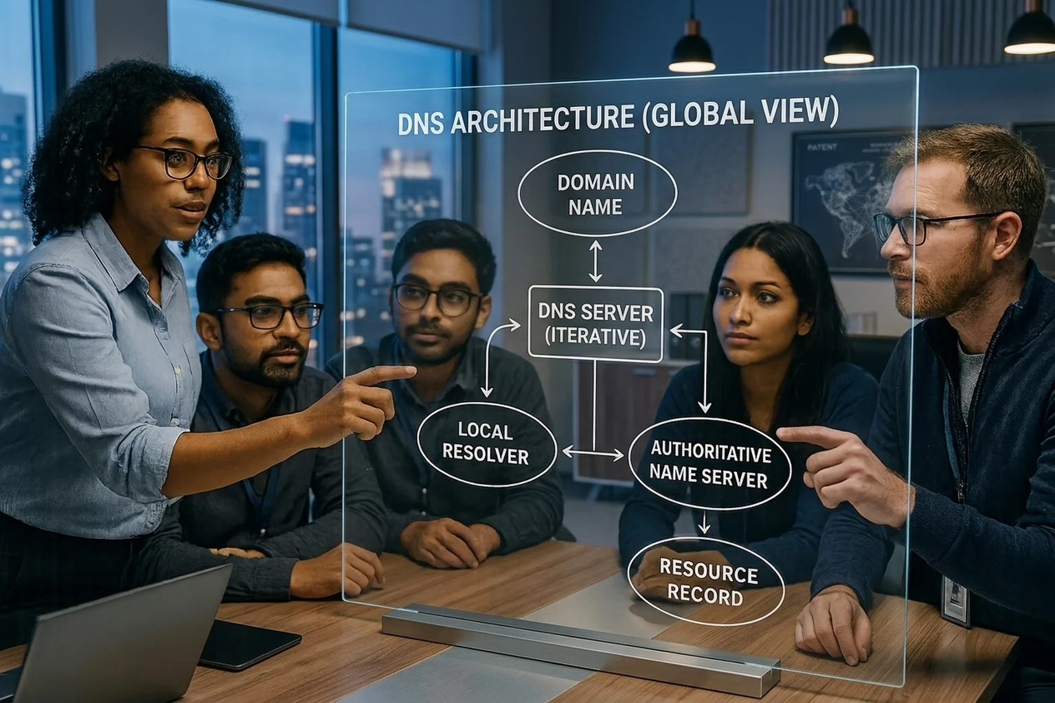 Multicultural IT engineering team analyzing master DNS and local resolver network architectures on a transparent digital screen
