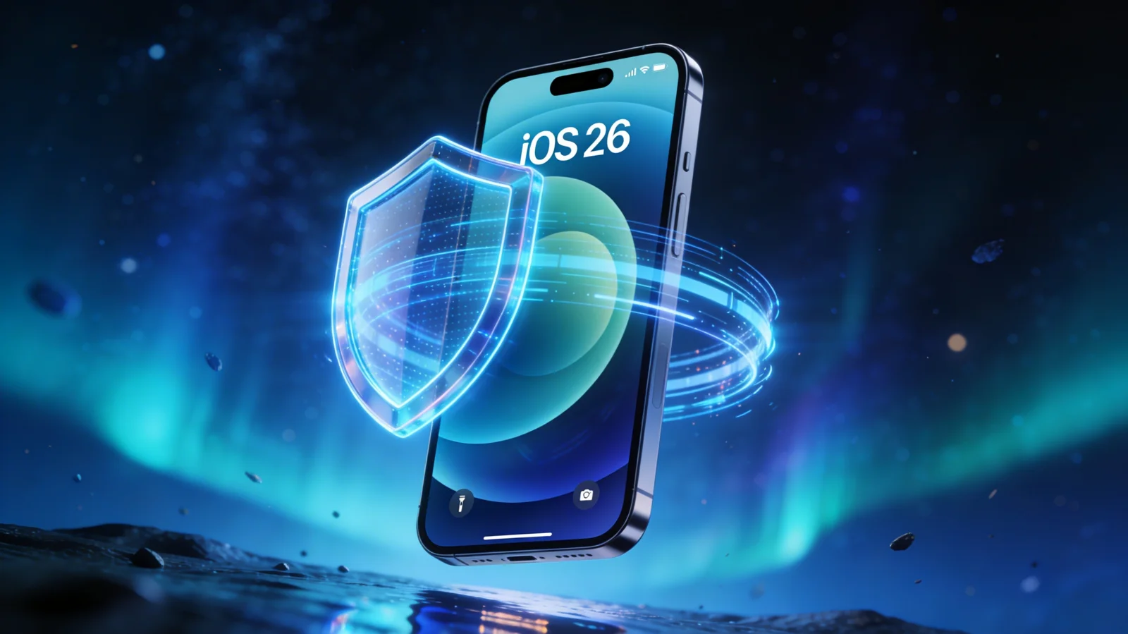 Floating iPhone iOS 26 Liquid Glass with aurora blue security hologram shield — SafeITExperts