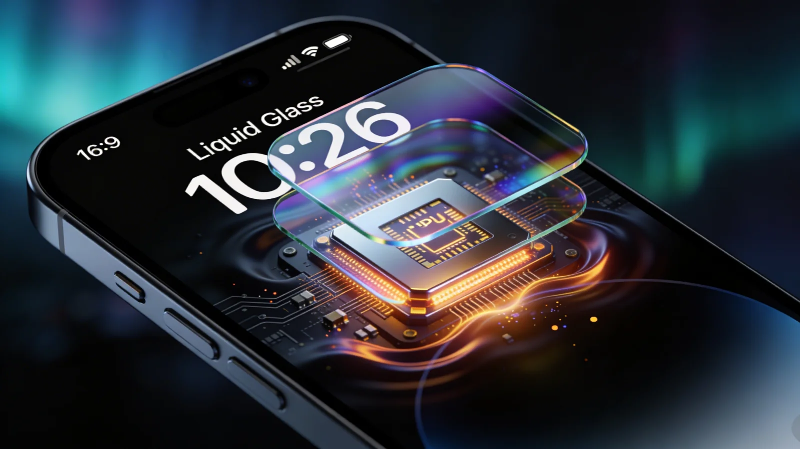 Liquid Glass interface revealing GPU chip beneath, speculative execution attack concept