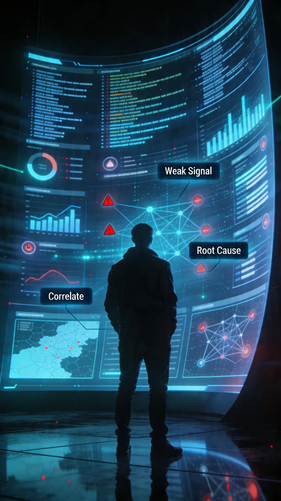 Realistic 3D illustration of an expert Linux administrator diagnosing a system issue from logs and alerts