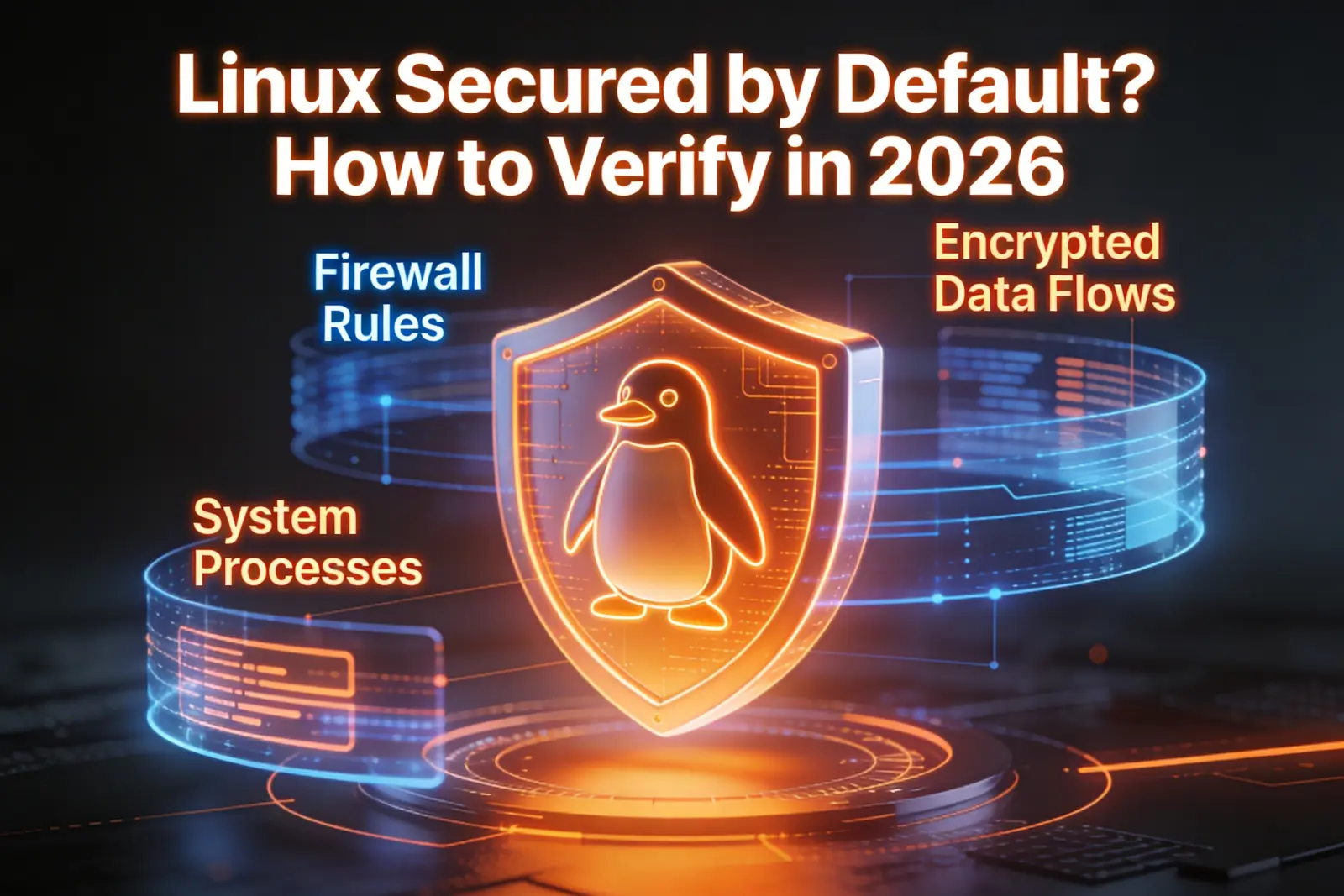 Linux Security Audit 2026 — 3D server and shields illustration