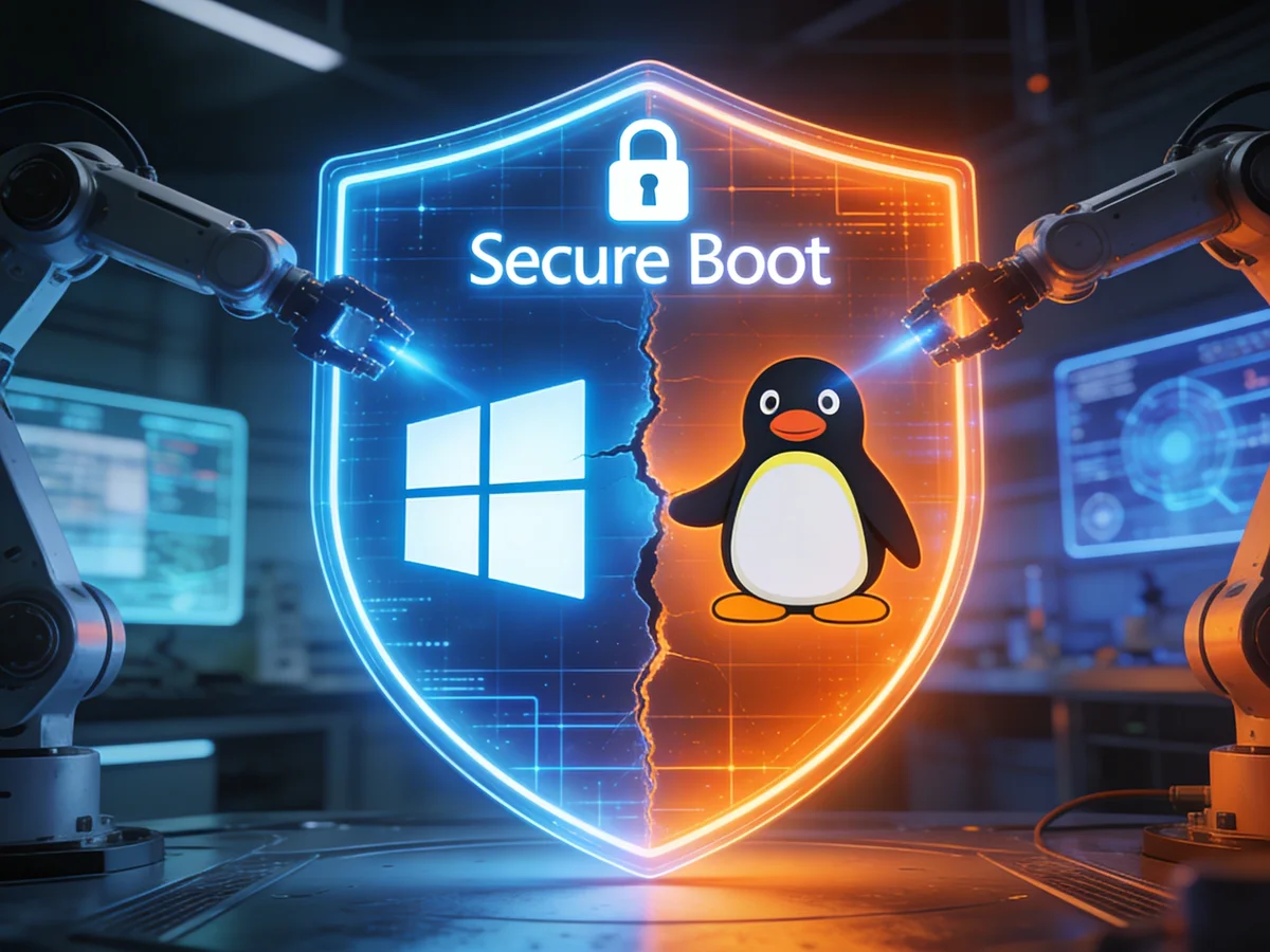 3D illustration of Secure Boot shield repairing Windows and Linux dual boot