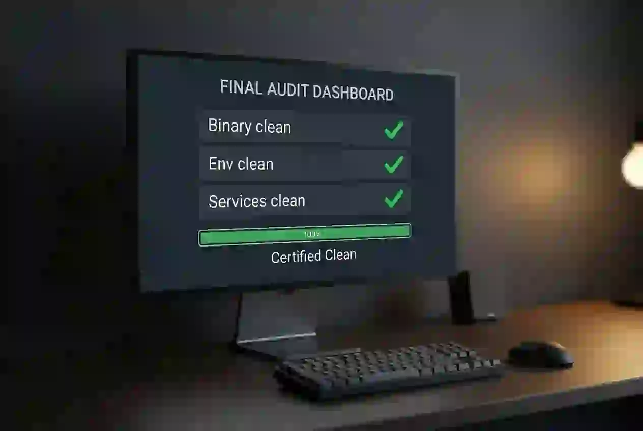 Linux terminal showing the final audit result: Binary clean, Env clean, Services clean, disk space freed