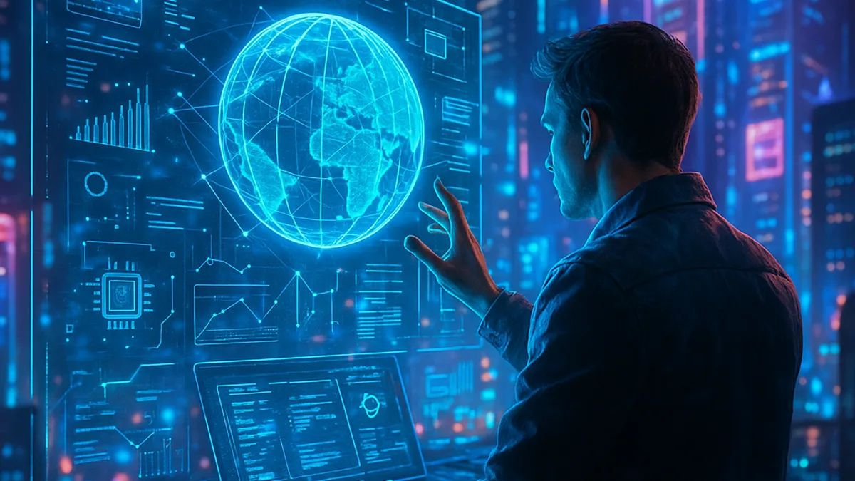 Futuristic high-tech landscape illustrating digital innovation and computer science with holograms and neon architecture